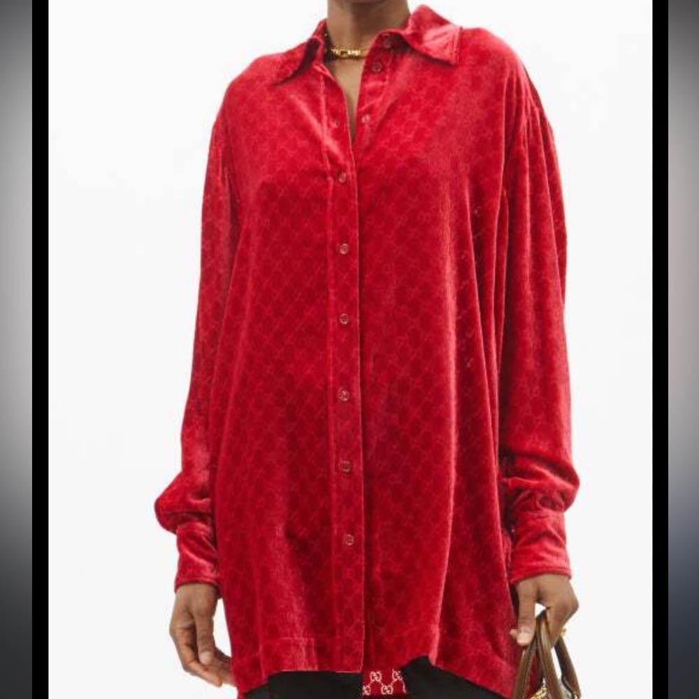 Gucci Red Devoré-Velvet Oversized Women’s Button Down Blouse